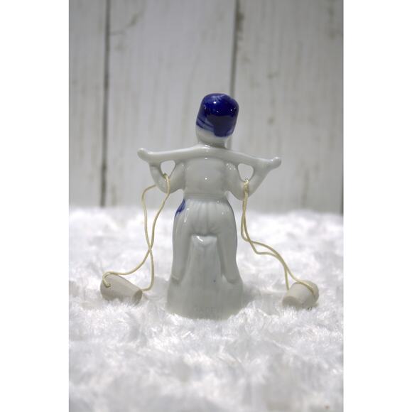 Vintage Blue & White Porcelain Figurine Water Carrier with Buckets 5" Tall - Picture 2 of 4